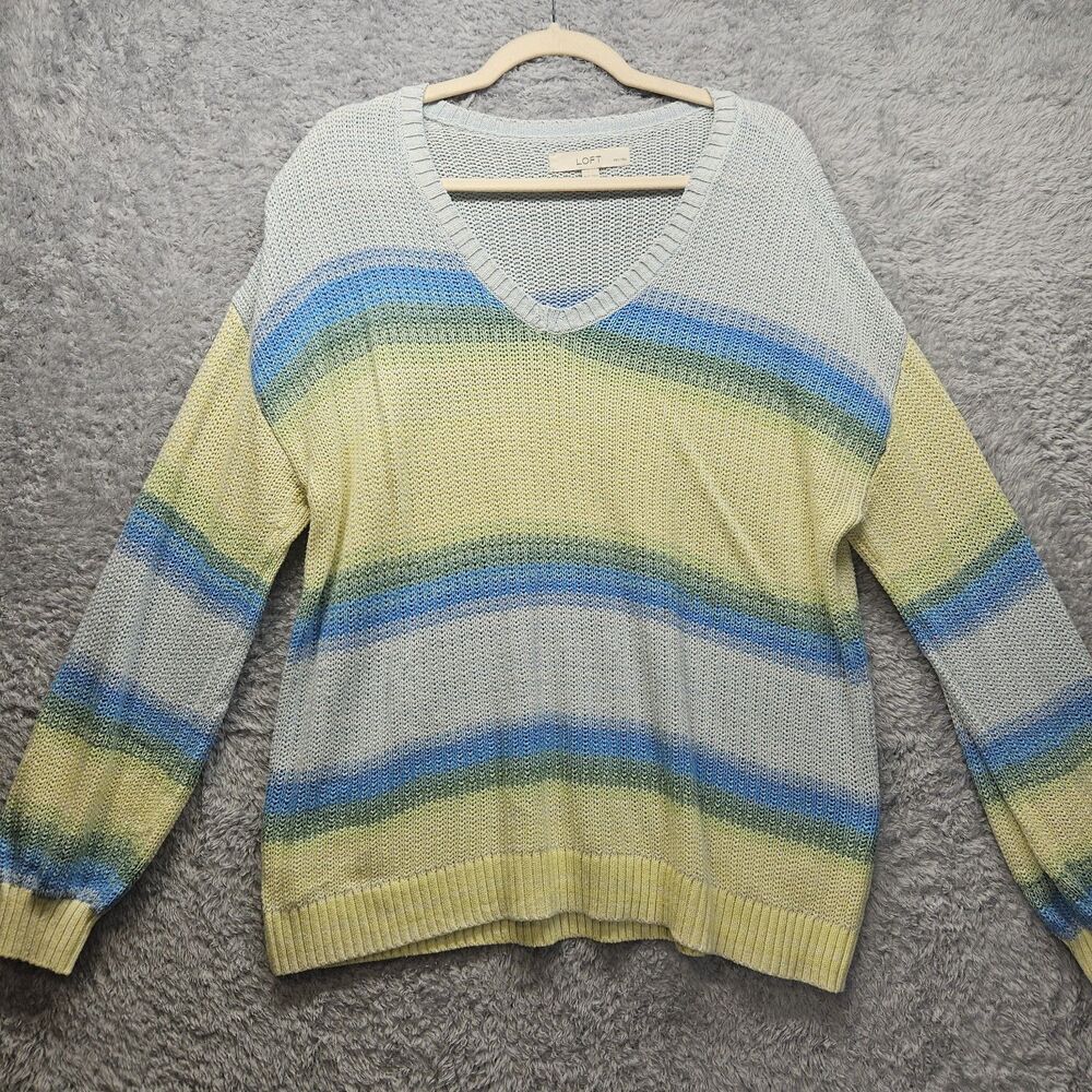 Loft Womens White Yellow Stripe Sweater Colorful Knit Size XLP Spring Happy